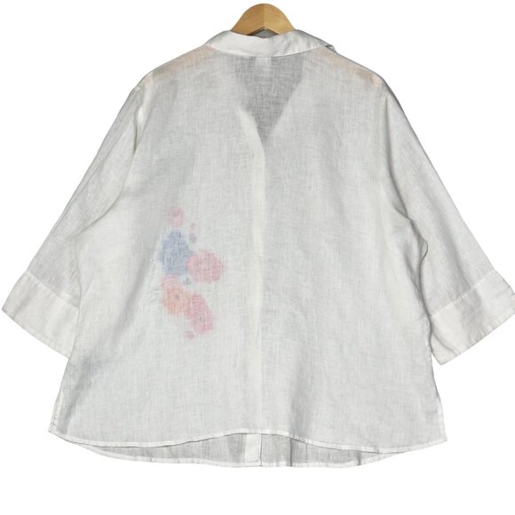 Nygard White Linen Multi Floral Embroidered Button-Up 3/4 Sleeve Shirt Size 20 - Picture 4 of 7